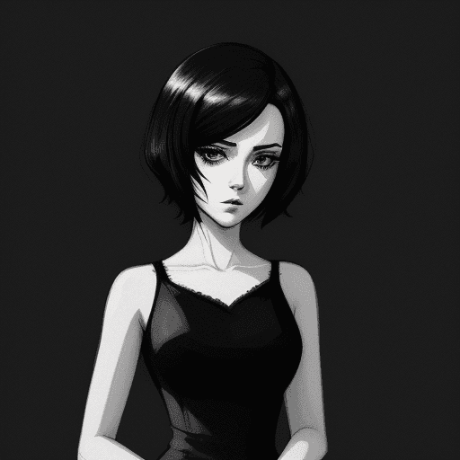 AI generated: Lady portrait, standing, short dark hair, film noir, , low detail, black white color, anime style, s...