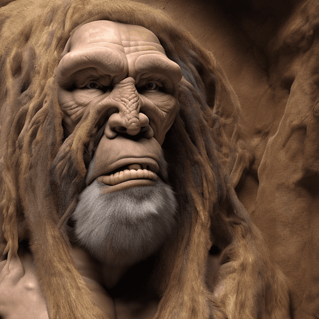 AI generated: the entire figure of a very old prehistoric caveman sitting in a prehistoric cave, frontal view, 8k