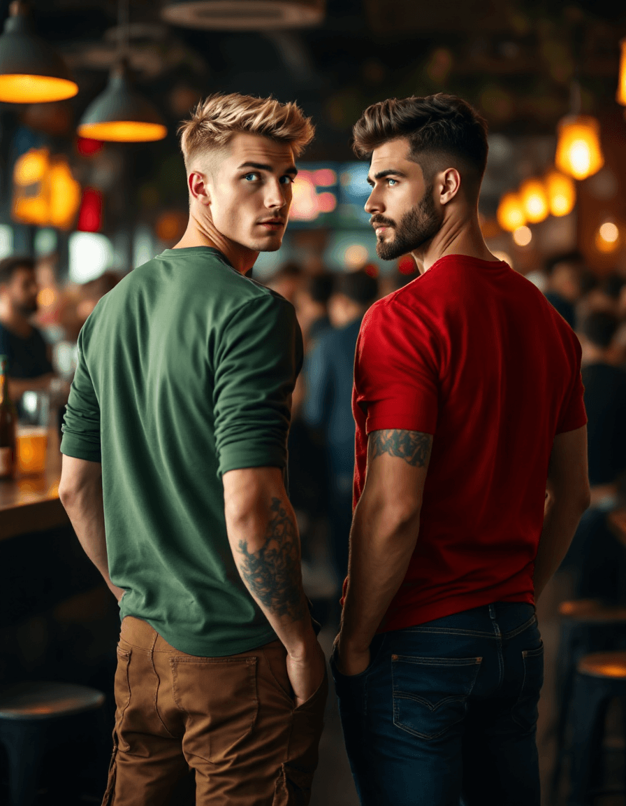 AI generated: View from behind, Hyper-realistic photography of two men (Tom and Mike), standing in a crowded bar. ...