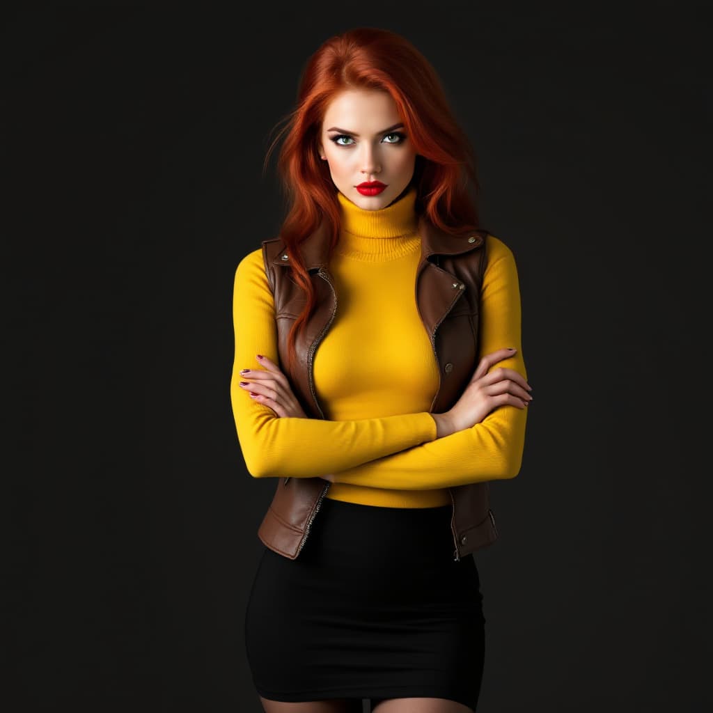 AI generated: pertty woman, red long hair,green eyes, red lips, yellow sweater, tight sweater, short leather jacke...