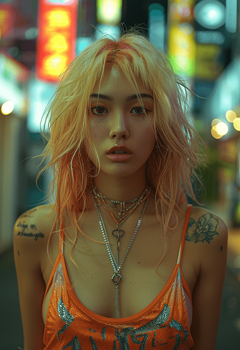 AI generated: 35 mm photo of a girl in a neon city, blonde hair, in the style of chinapunk, iconic album covers, s...