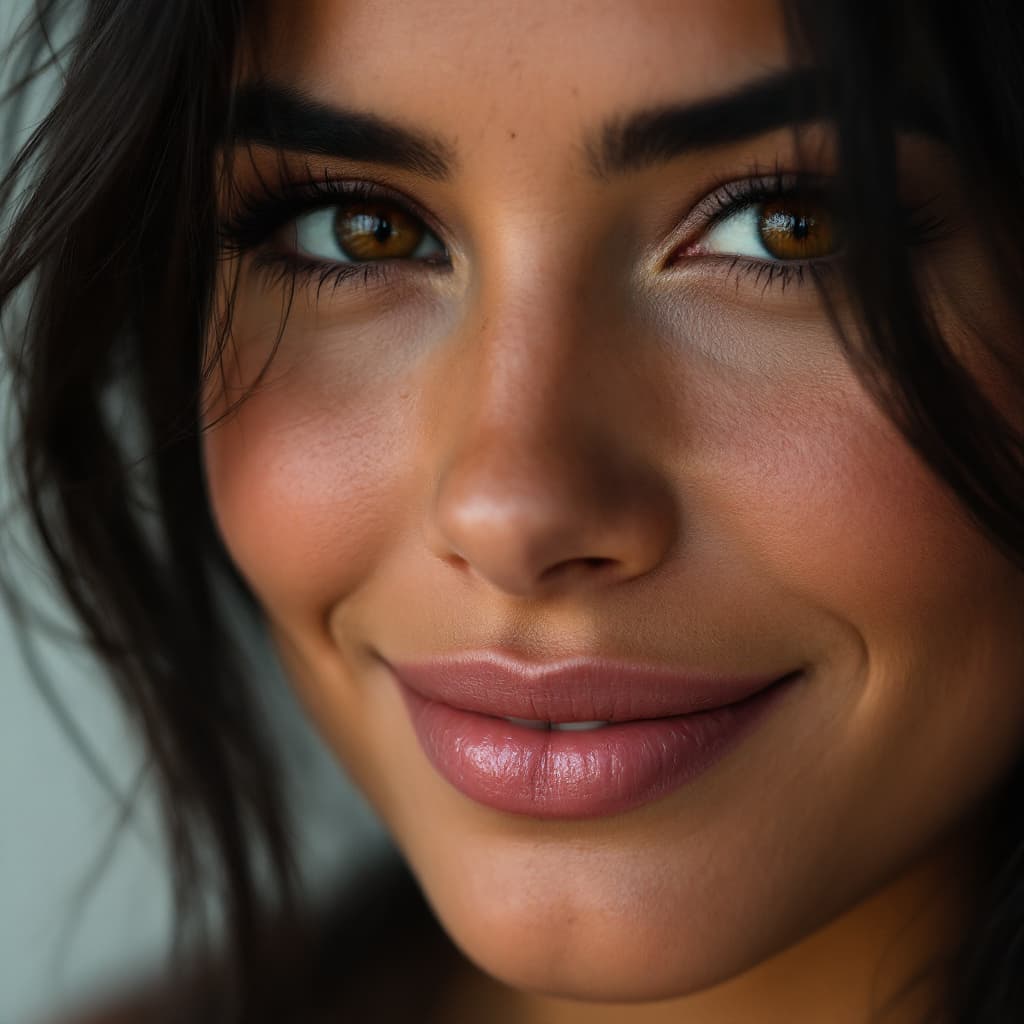 AI generated: Close-up portrait of a woman from Brazil, warm face from South American countries, no make-up just n...