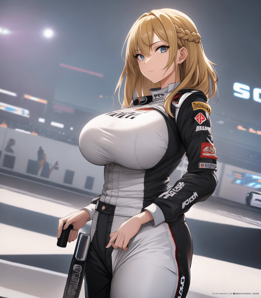 AI generated: perfect anime illustration, 1girl, braided hair, medium hair, (huge breasts:1.2), sidehair, racecar ...