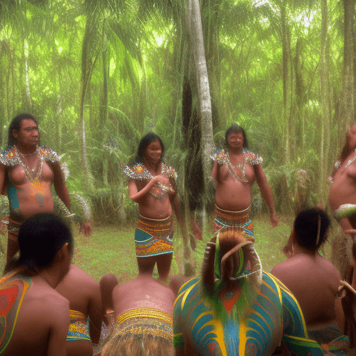 AI generated: indigenous yawanawa tribe deep in the amazon, mid ayahuasca journey singing with the cosmic serpent,...