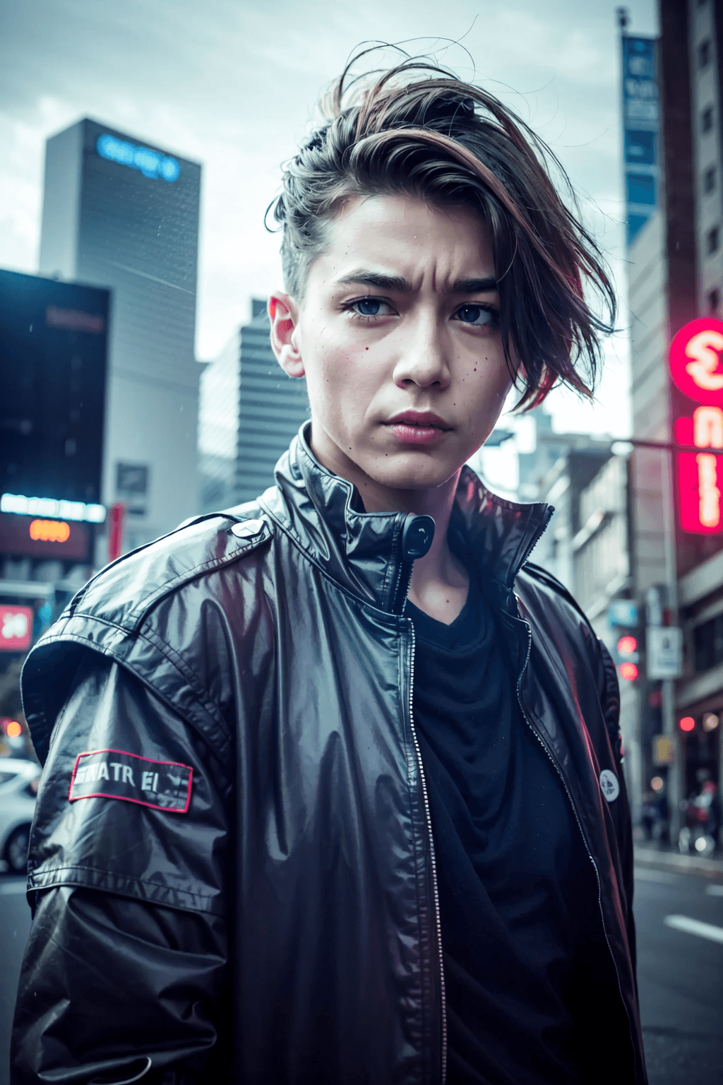 AI generated: a detailed portrait of European Pretty Young Girl Storm Rain movie Jacket coat, Futuristic sci-fi fa...