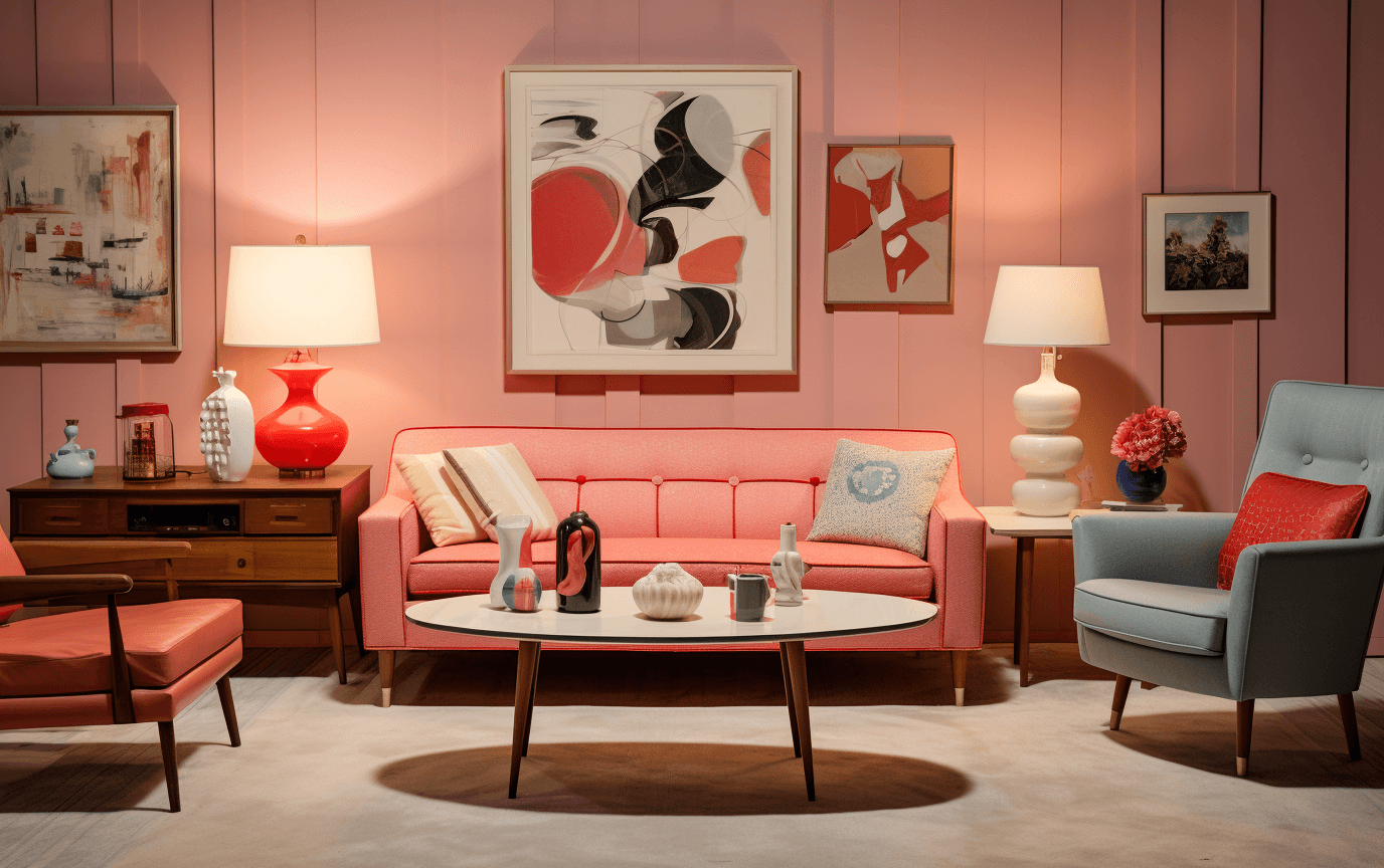 AI generated: A photo of an old pink and red living room from the '60s, with a gray couch, coffee table, end table...