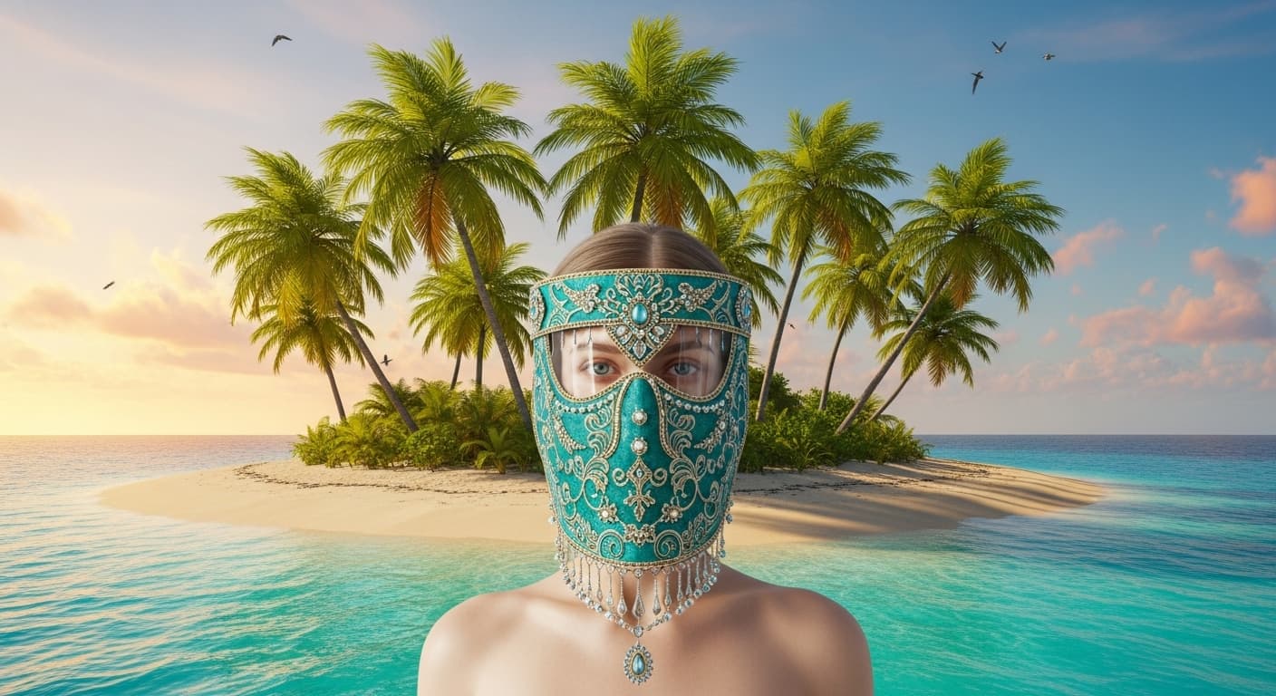 AI generated: A woman in an intricate teal and gold face shield with porcelain skin standing on a lonely desert is...