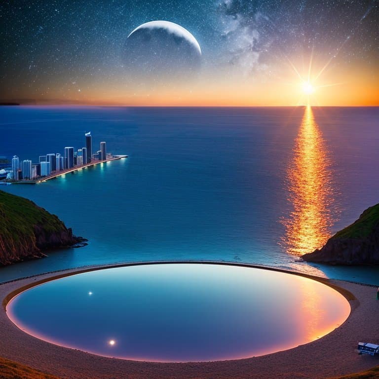 AI generated: (huge glowing full moon), sun, planet, horizon, cloud, ocean, sky, water, scenery, crescent moon, be...