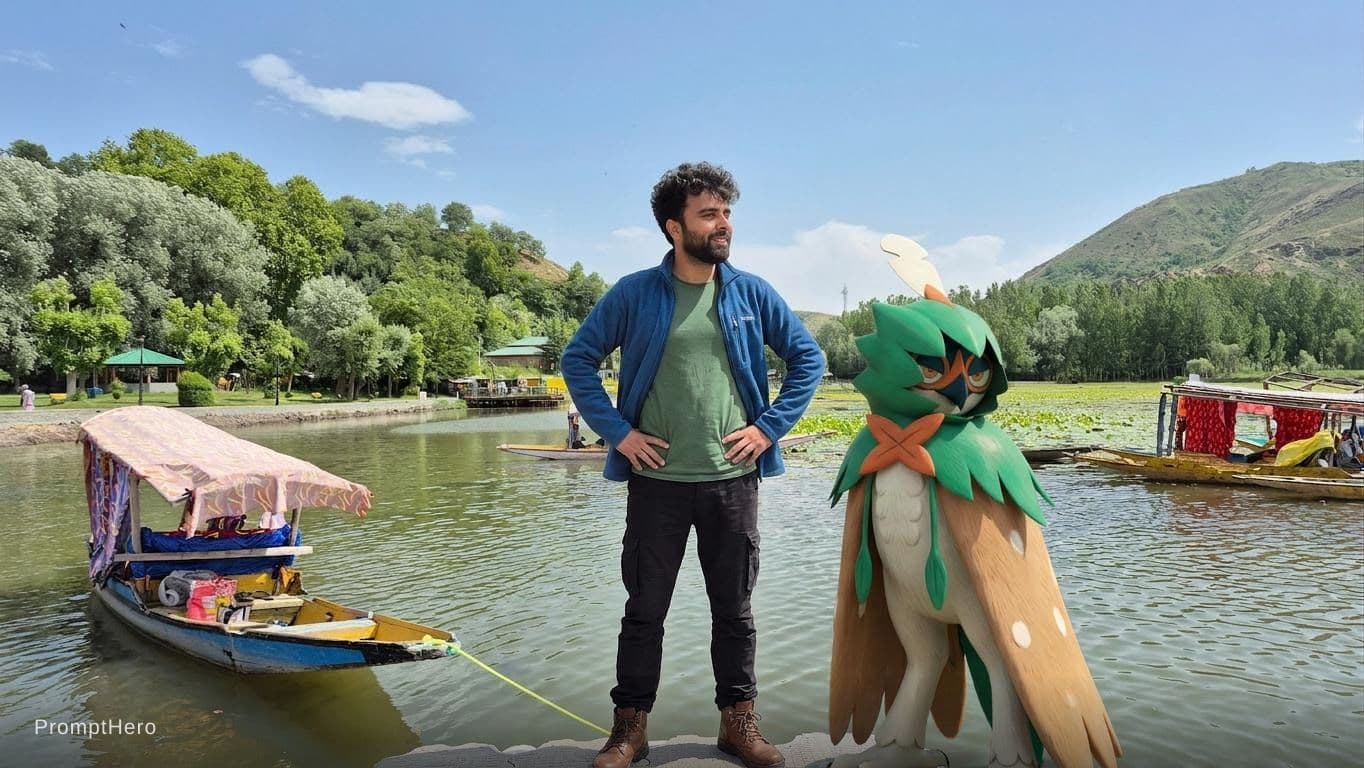 AI generated: a decidueye with a trainer wearing a blue fleece a green top black walking trousers and walking boot...