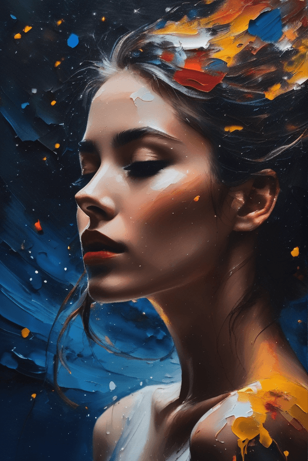 AI generated: A beautiful woman created from random paint blotches and brush strokes, oil painting, slowly disinte...