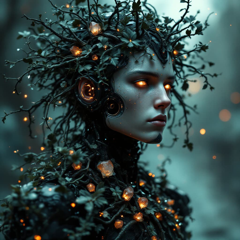 AI generated: full body sci-fi abstract robot male with wild hair, covered in vines and leaves, a lot crystals in ...