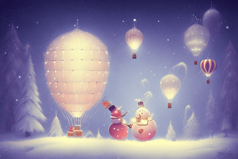 AI generated: On the left side of the image a hot air balloon with christmaslights, a night in wintertime, in the ...
