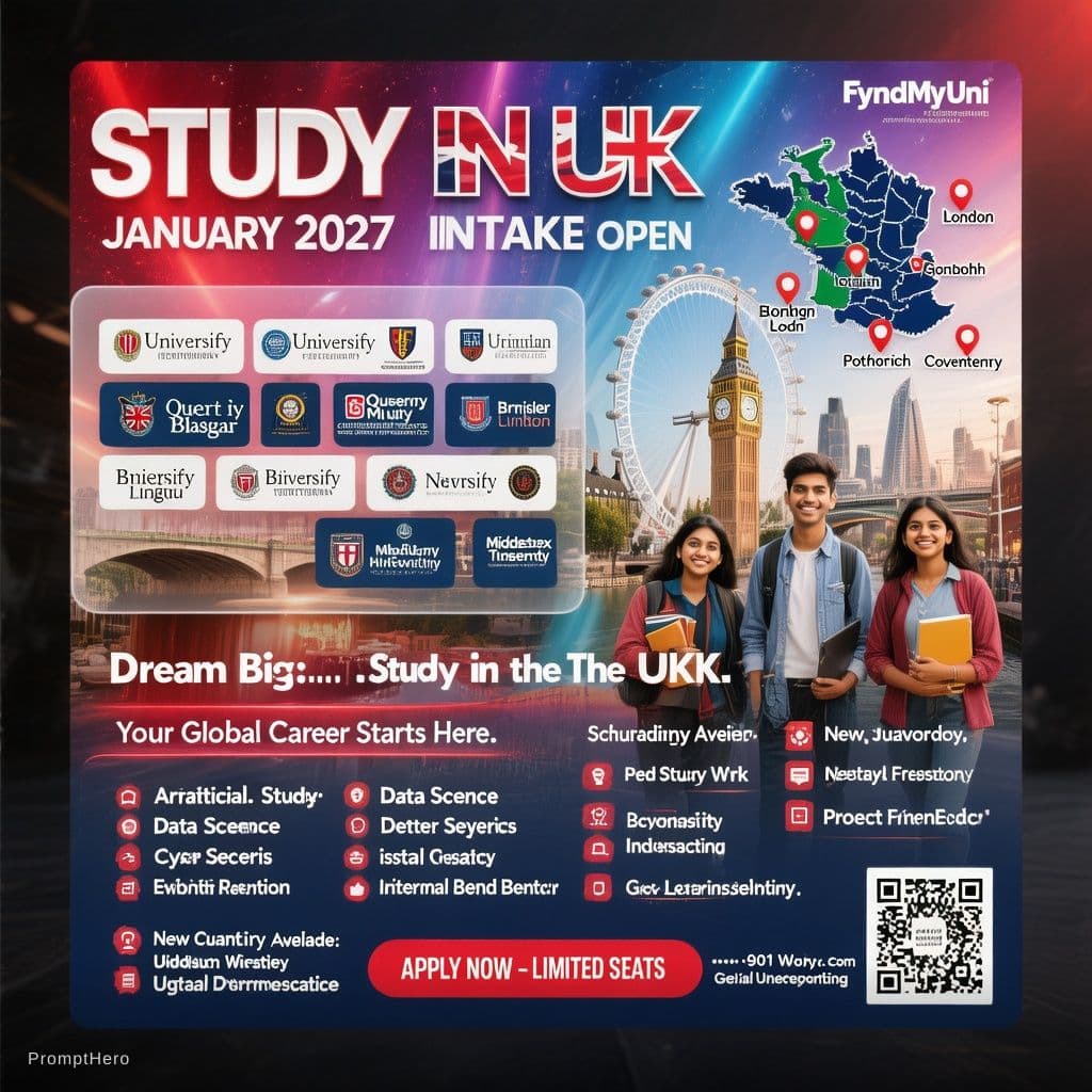 AI generated: Create a premium 1:1 square Instagram poster for “Study in UK – January 2027 Intake Open” for an ove...
