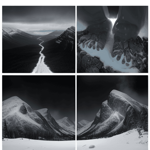 AI generated: 3 images on one panel, the top panel is a scenic view of a mountain scape during a blizzard with a t...