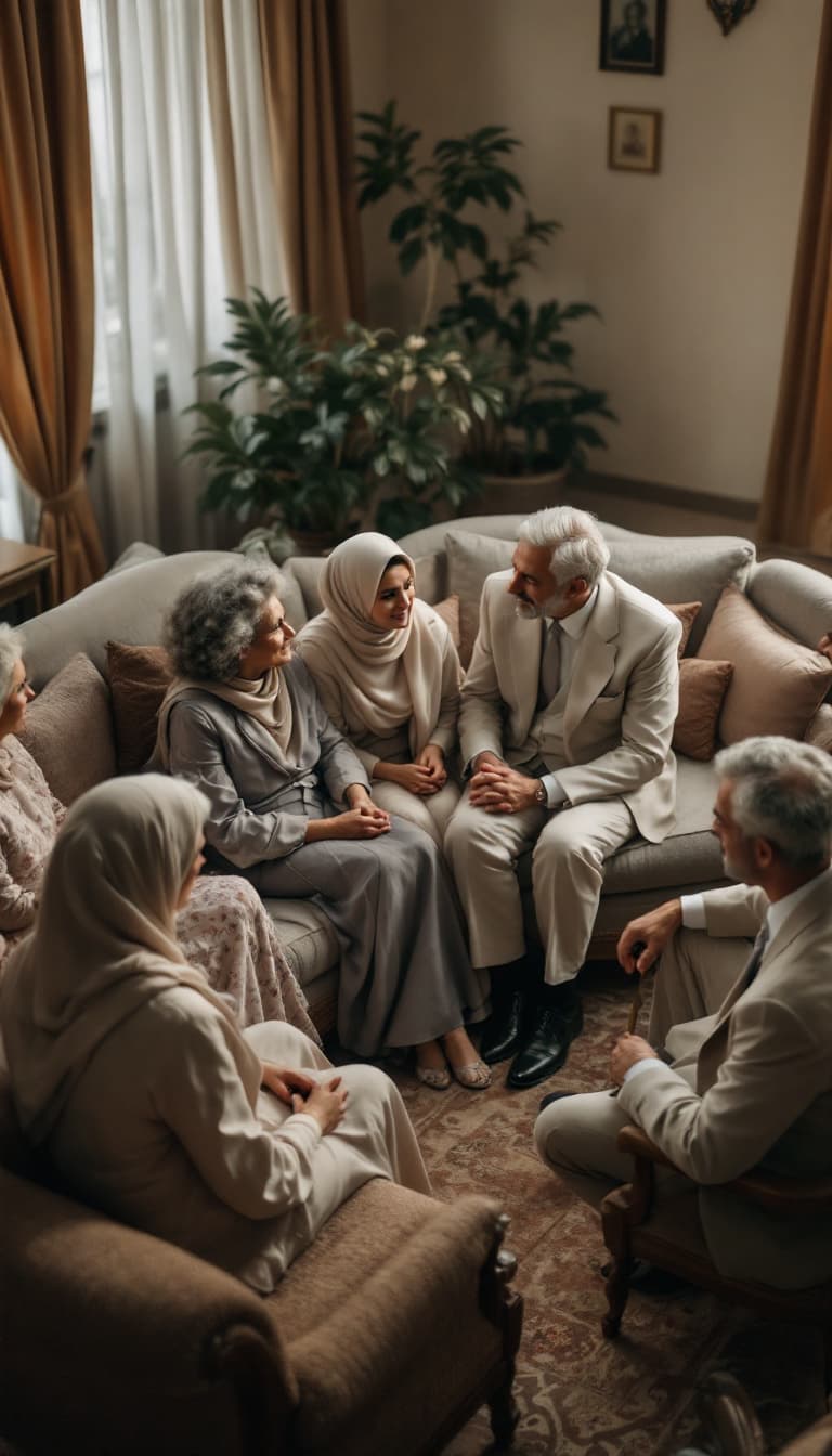 AI generated: A high-angle shot of a traditional Iranian engagement gathering in a spacious 1950s home. The living...