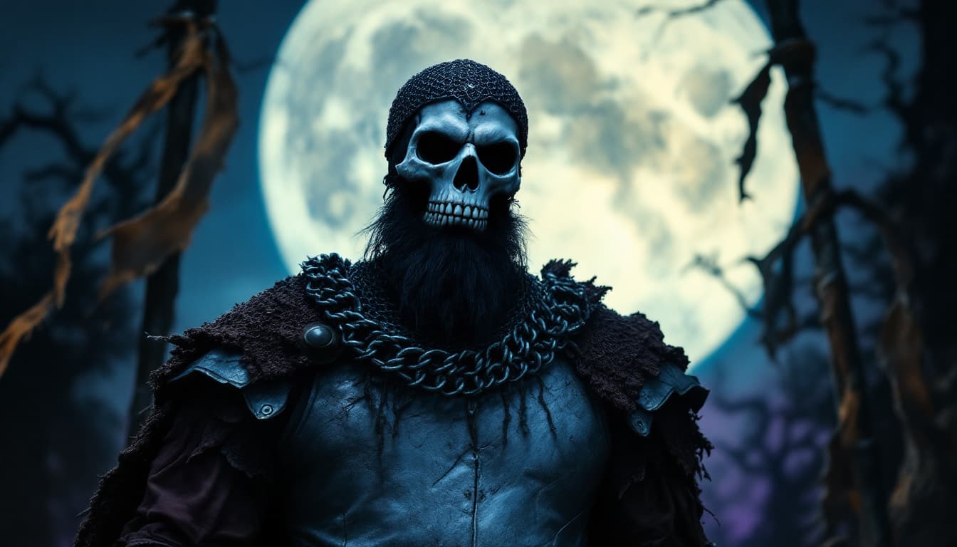 AI generated: a skeleton warrior standing in front of a full moon, exuding an eerie and haunting atmosphere. The s...