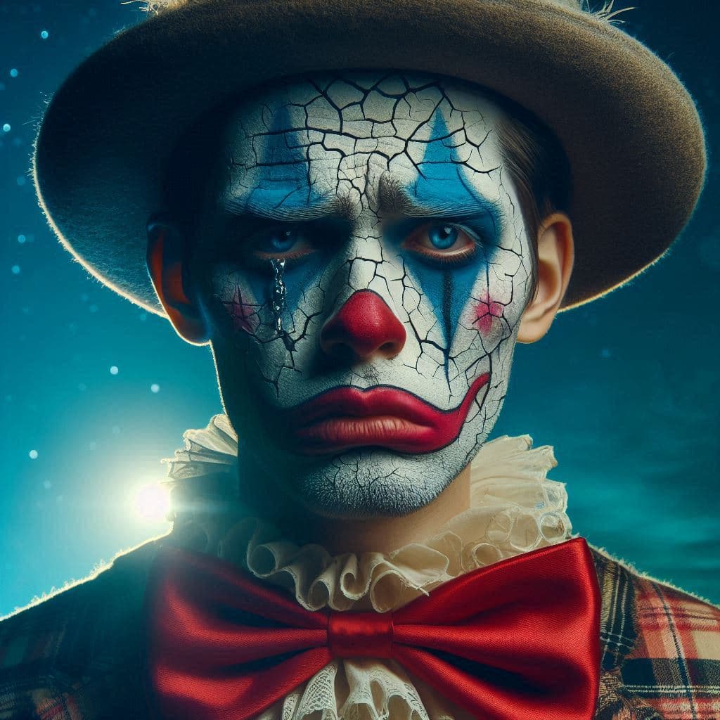 AI generated: close-up night circus a clown walking,his face dug cracked by hardships sky clear skies, he is sad a...