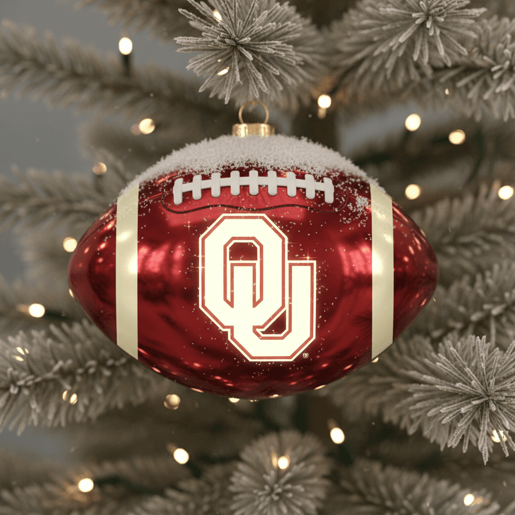 AI generated: A 3D-rendered Christmas bulb shaped like a football with the University of Oklahoma logo in the cent...