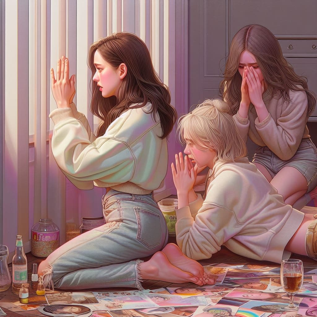 AI generated: A woman begs for good items in rooms with glossier Acrylic art, trending at Artstation, intricate, h...