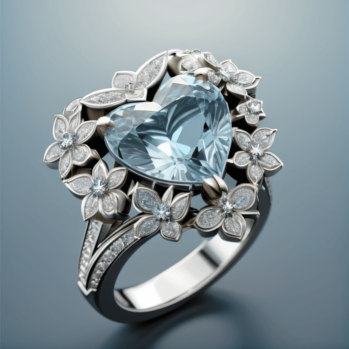 AI generated: a jewellery design, An intricate ring, (shiny Diamond set on ring:1.5), heart shape aquamarine on to...