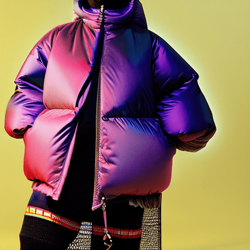 AI generated: well lit fashion shoot portrait of extremely beautiful female wearing massively over size puffer jac...