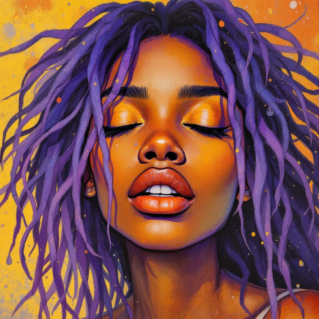 AI generated: a Jamaican girl with purple hair with eyes closed, in the style of the stars art group (xing xing), ...