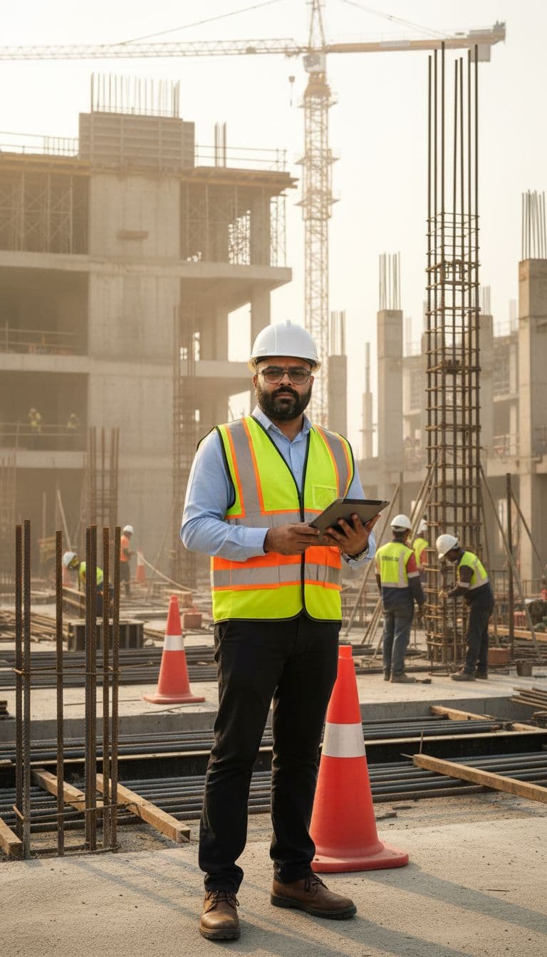 AI generated: A professional site engineer is standing at an active construction site during a routine site visit....