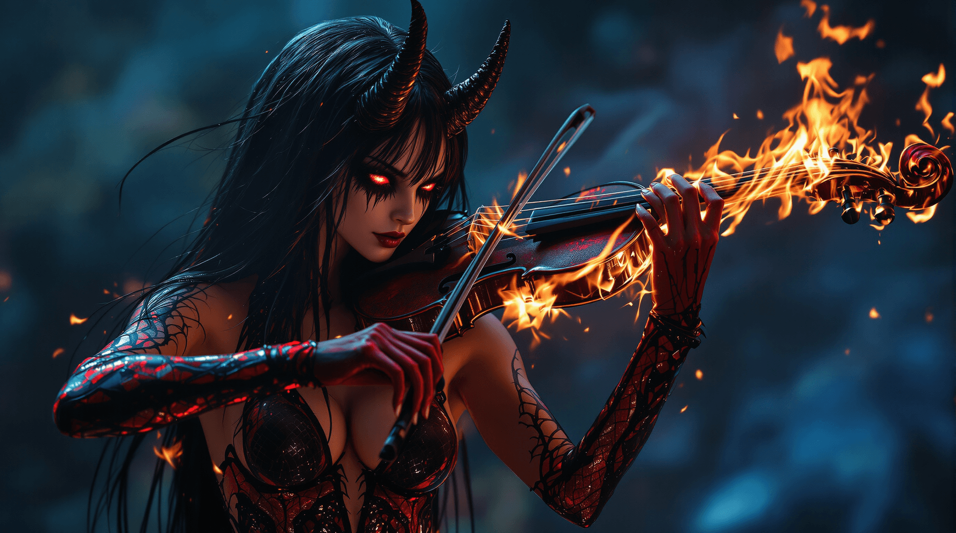AI generated: full figure shot, the demonic musician's face on the violin fingerboard, reminiscent of Beksiński's ...