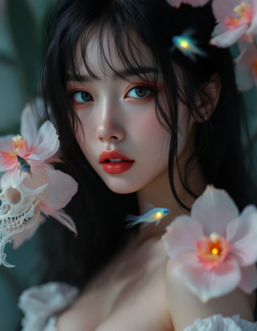 AI generated: Goddfashion photography,through, pretty silk long black hairs,(medium side breast),cute japan girl,1...