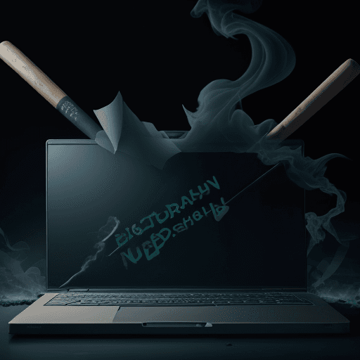 AI generated: High-quality digital image of a broken laptop with a baseball bat, lots of paper dollars around the ...