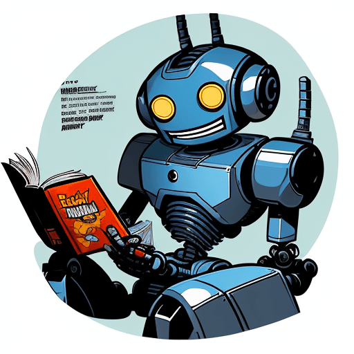 AI generated: Logo type comic character illustration, a  robot's friendly face very invested in reading his book, ...