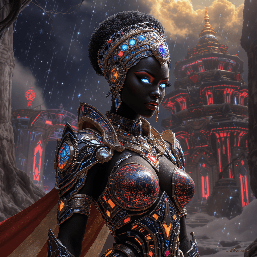 AI generated: “holographic kaioken vibranium armor, GOD energy core”: “Elite Afrofuturist warrior queen in hologra...