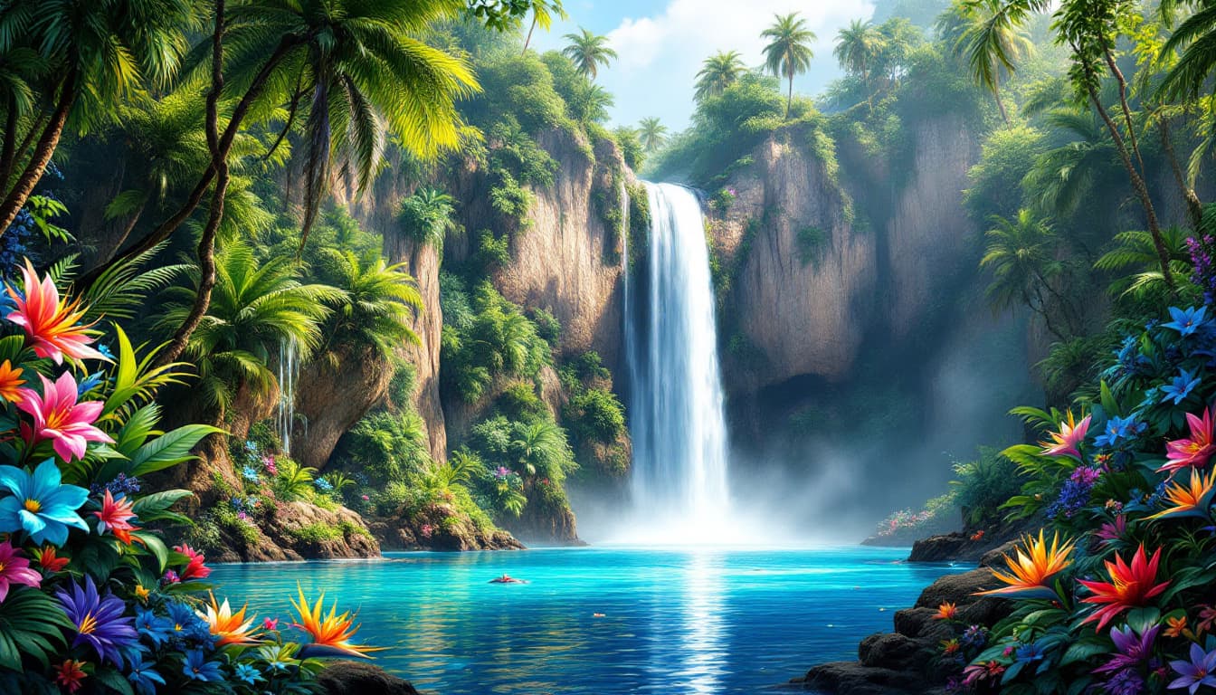 AI generated:  Digital artwork depicting a breathtaking blue lagoon with a vibrant and colorful style in a mystic ...