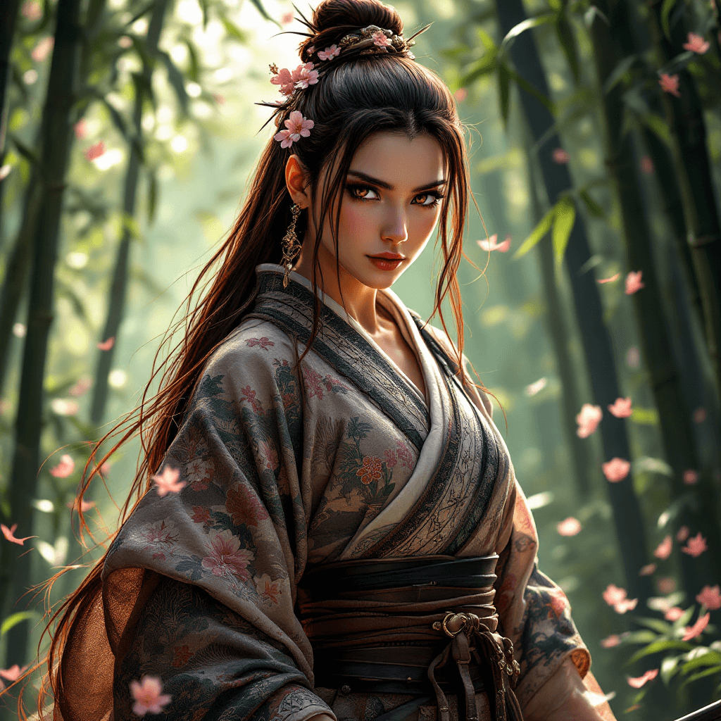 AI generated: The Samurai Spirit Weaver: A skilled warrior with long, dark auburn hair, styled in an elegant topkn...