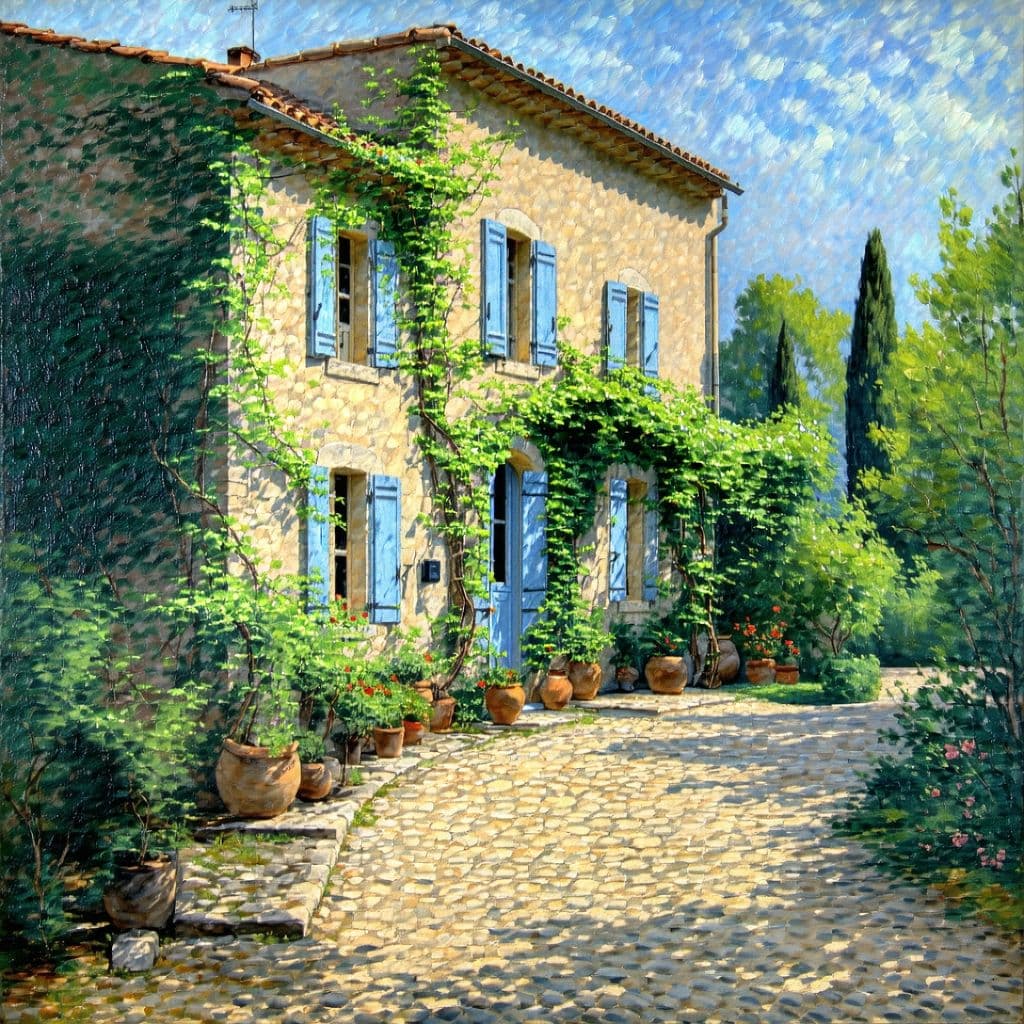 AI generated: Impressionist painting of a French Manor House in Provence, oil on canvas, in the style of Paul Ceza...