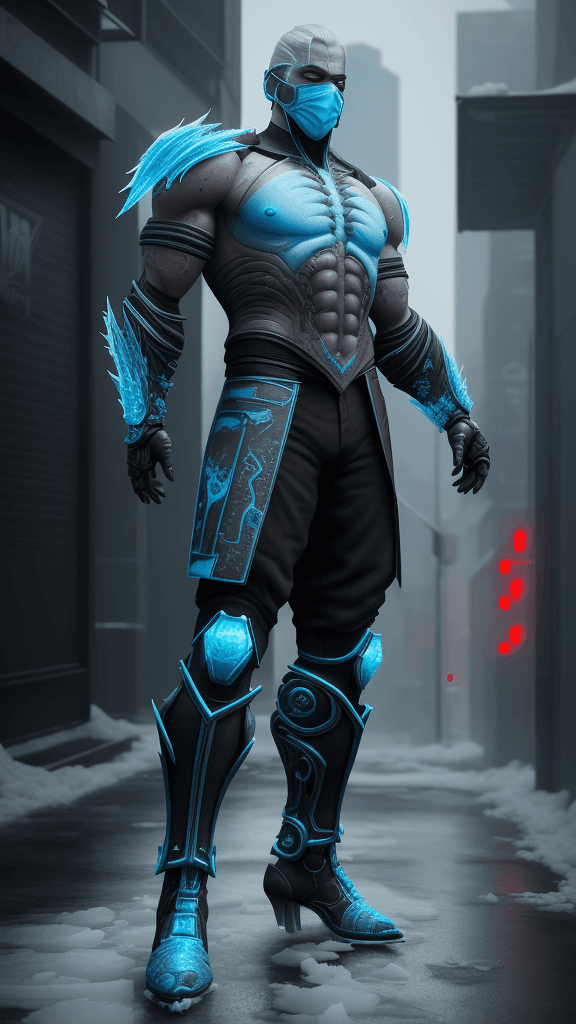 AI generated: Mortal Kombat Frost, cyberpunk, outdoor, street, ice blue, hyperrealism, photorealistic, 8k, unreal ...