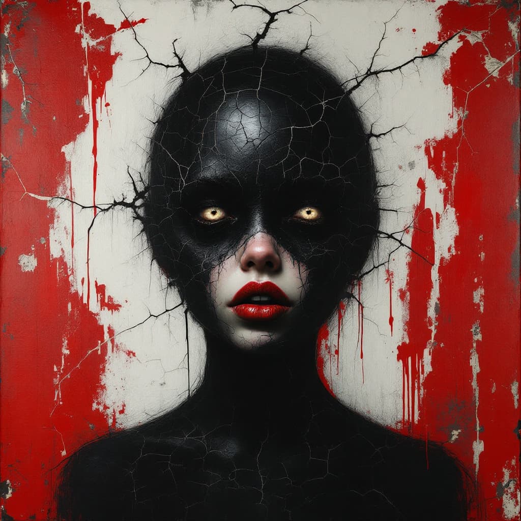 AI generated: The head of the girl is made up entirely from cracked black paint, with her lips visible through cra...