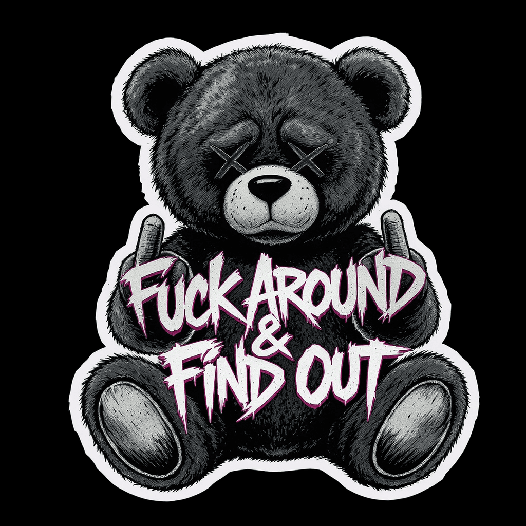AI generated: High-quality DTF print design, front view, a gritty teddy bear sitting down, dark grunge aesthetic. ...