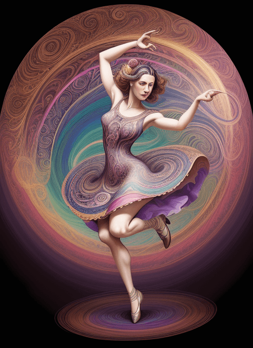 AI generated: early 1900's style, a woman in a multicolored dress is dancing with a swirly background and a circul...