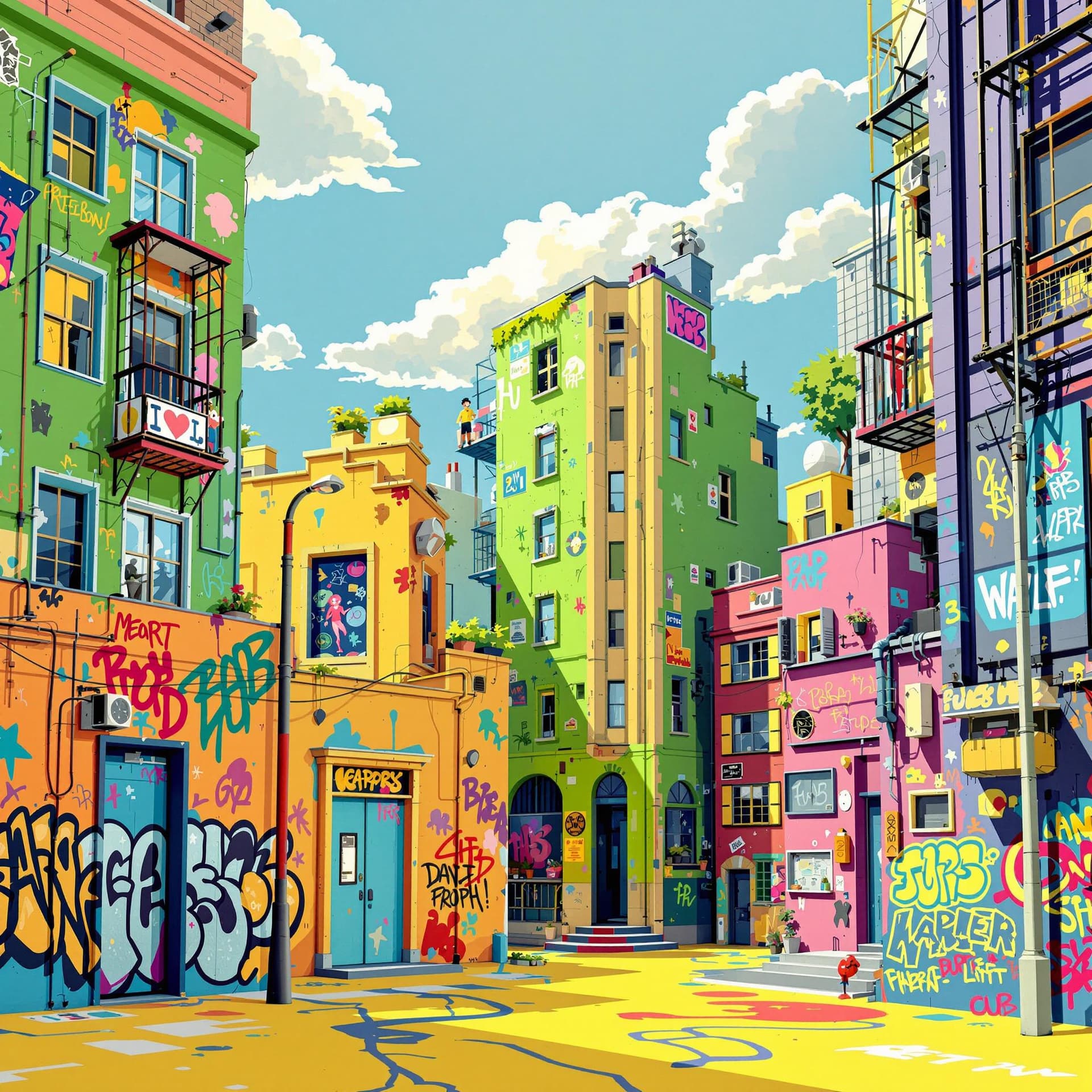 AI generated: 3d illustration hip hop colored urban buildings and with a little graffiti on the walls
