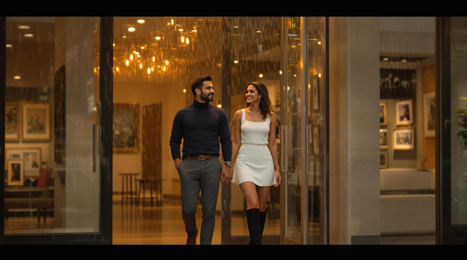 AI generated: (Cinematic UHD, hyper-realistic young Indian man and woman stepping out of an art gallery into a lig...