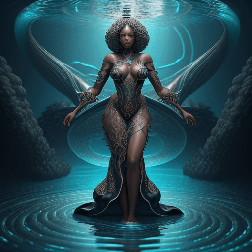 AI generated: beautiful black woman Queen of ocean in spiral wave water, not showing face, background glorious , p...