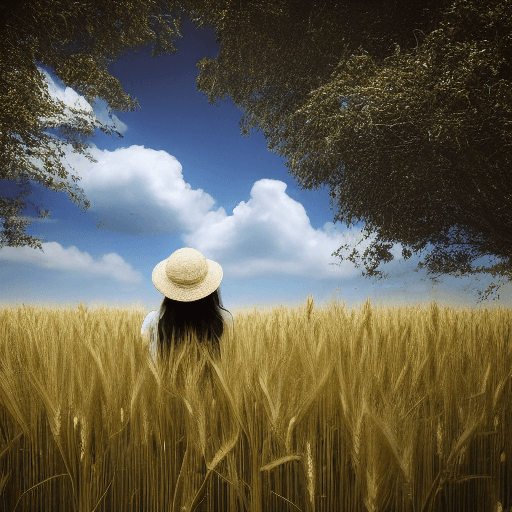 AI generated: Wheat field, a girl with a straw hat standing in a wheat field, big clouds, blue sky, rice field, ne...