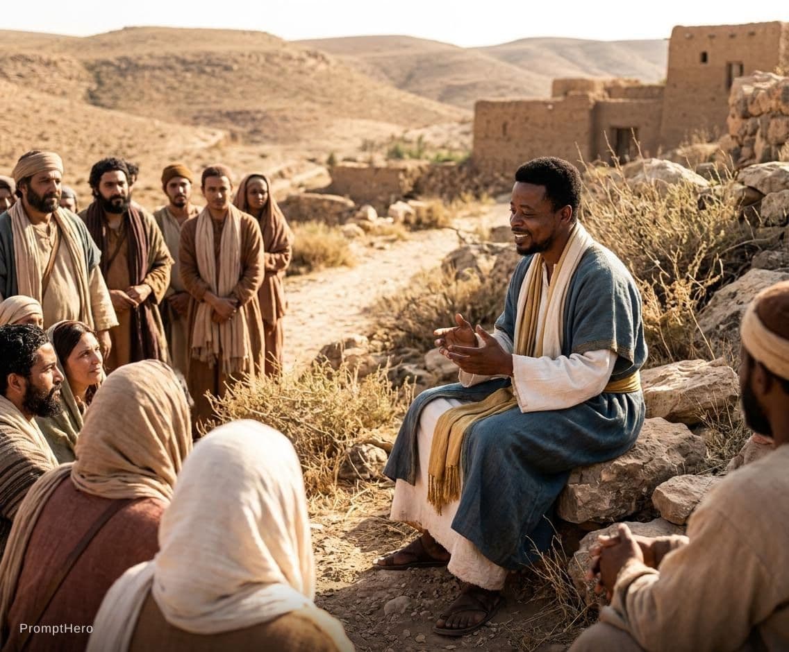 AI generated: Jesus sitting talking to people in a place with little vegetation