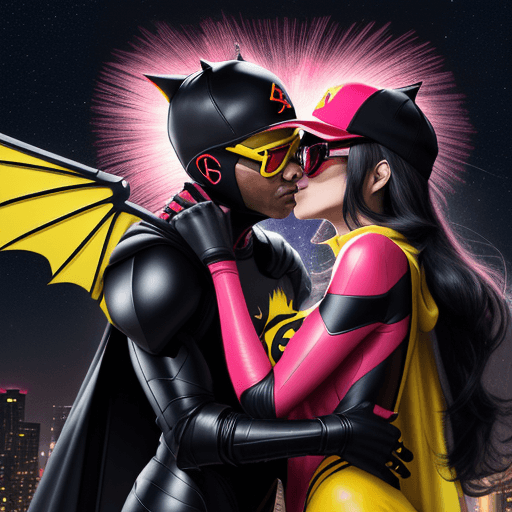 AI generated: a spider cat-woman female superhero with a pink lazer whip IS KISSING, A BLACKMAN in a red baseball ...