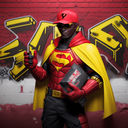AI generated: An action figure of a  blackman, with a red baseball cap backwards, yellow sunglasses, in a red dark...