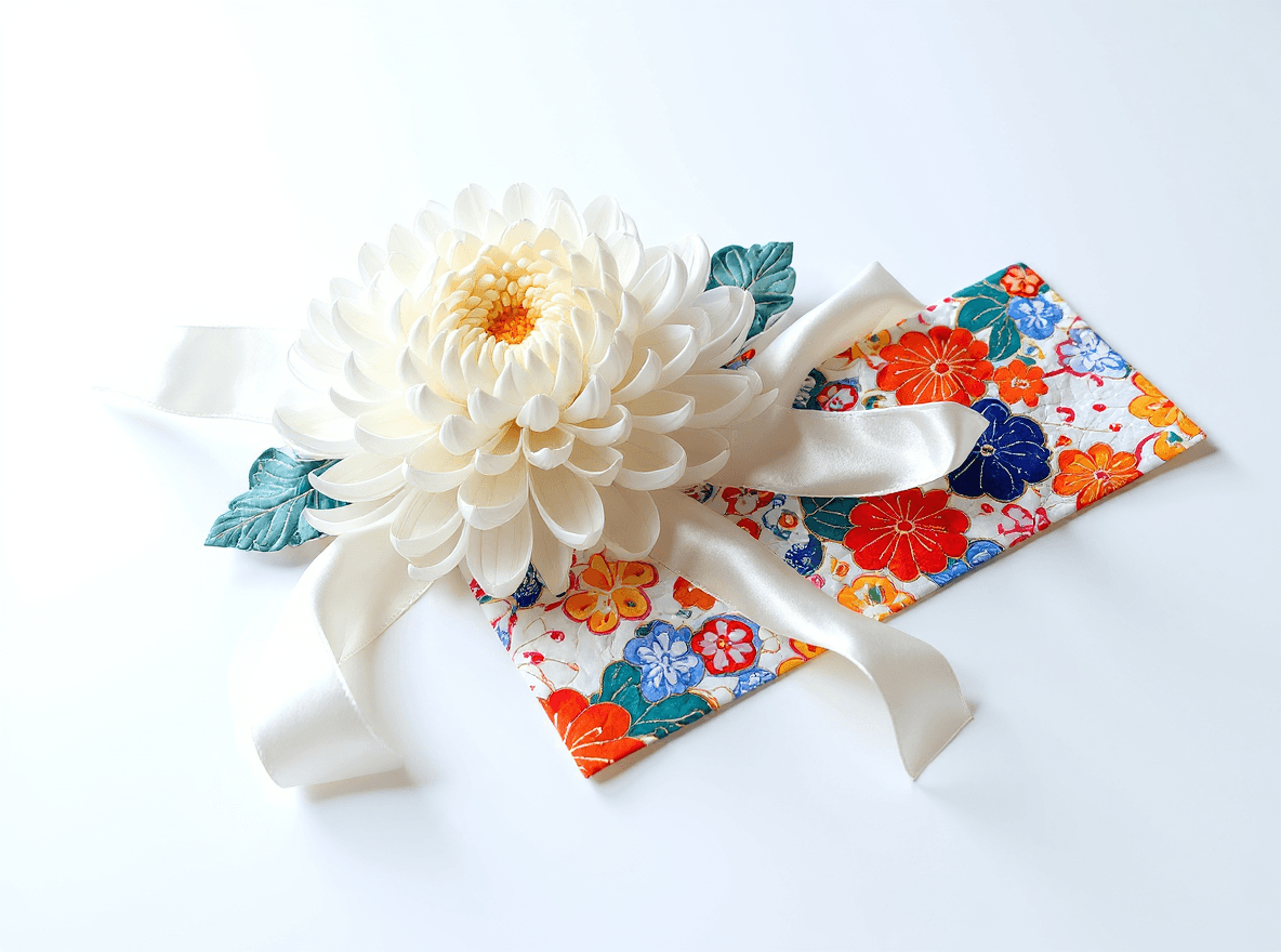 AI generated:  a work of art in glossy satin silk fabric, hyper realistic curly long ribbons, a white chrysanthemu...