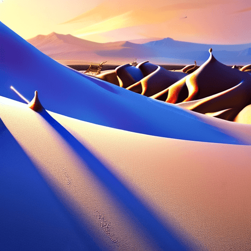 AI generated: illustration of a strange mysterious desolate desert with light blue sand , painting like ,light wha...