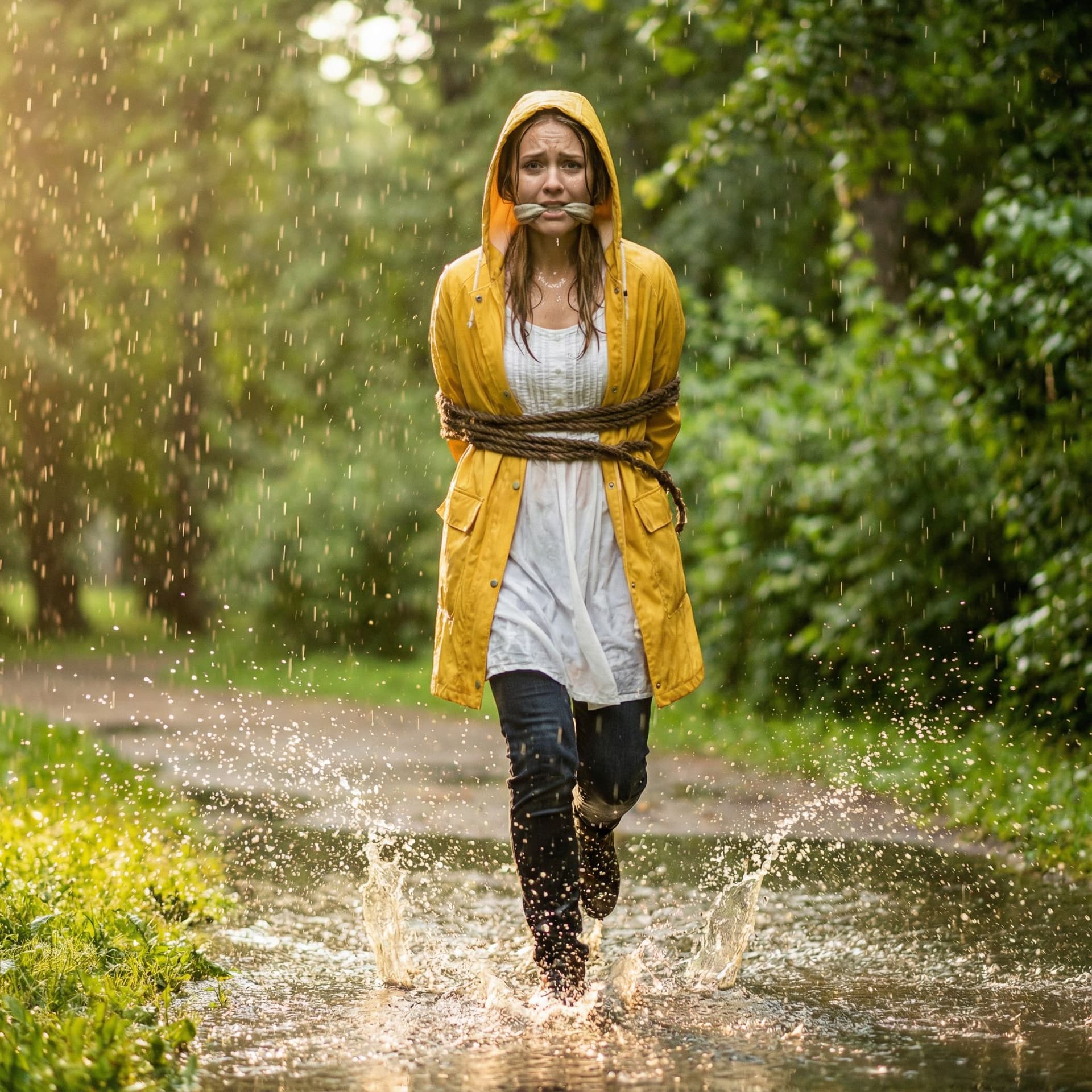 AI generated: A worried girl, age 21, frolicking through a sun-drenched summer storm, radiating pure peril. Framed...