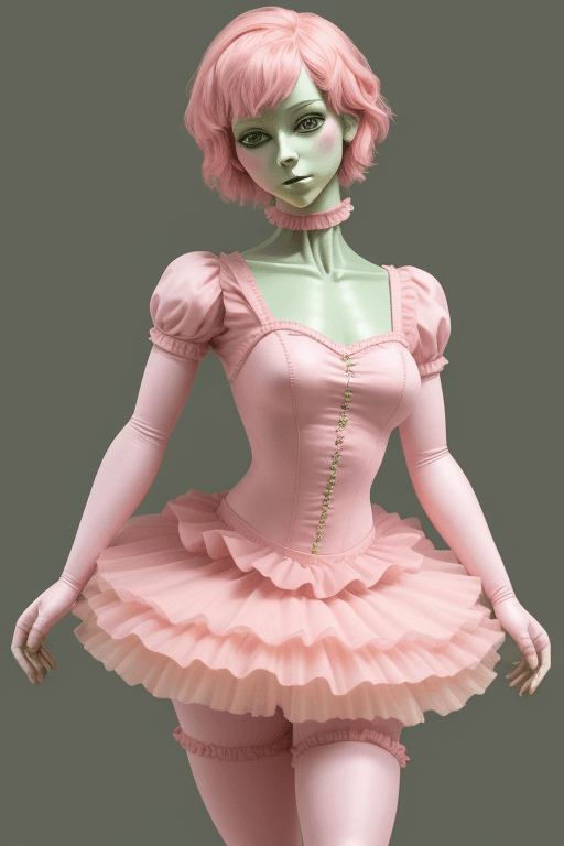 AI generated: A humanoid animatronic lady with short pink hair green eyes wearing a pink ballerina outfit posing f...